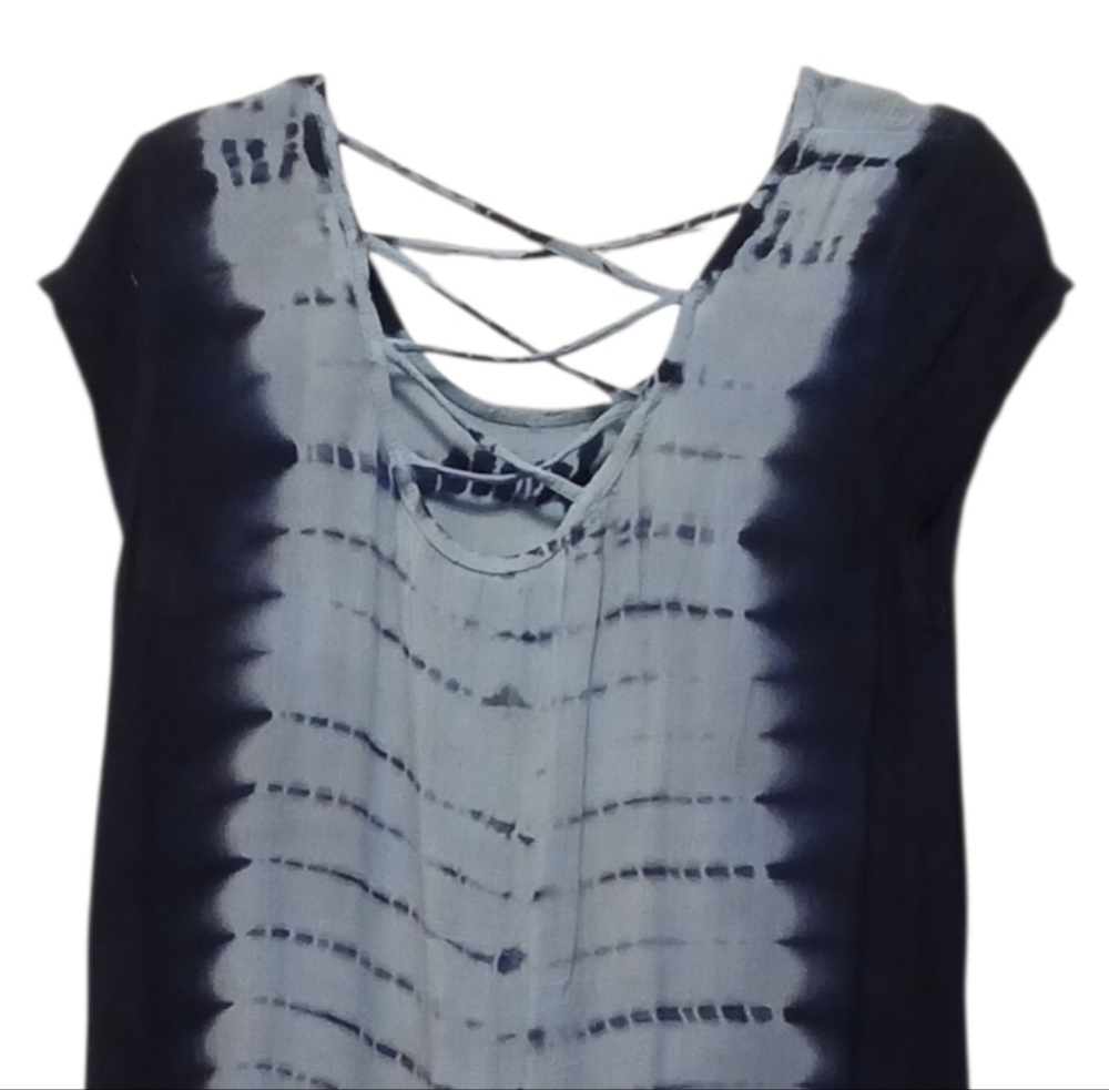Blue Island - NWOT Hi/Lo Tie-Dye Beach Dress W/Crochet Fringe, Criss Cross Back - Picture 10 of 13